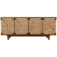 Brook 4-door teak sideboard with woven natural sea grass doors and solid mahogany frame.