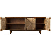 Brook 4-door teak sideboard with woven sea grass doors open, revealing two internal shelves.