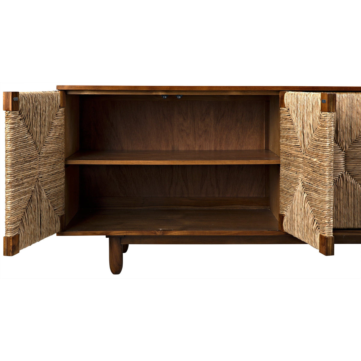 Brook 4-door teak sideboard with open doors revealing mahogany interior and fixed shelves.