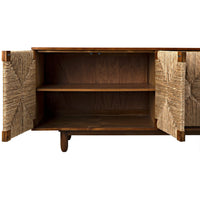 Brook 4-door teak sideboard with open doors revealing mahogany interior and fixed shelves.