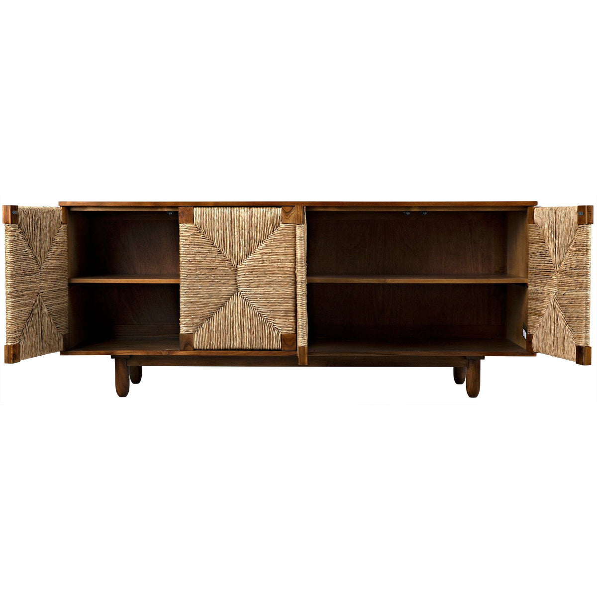 Brook 4-door teak sideboard with open doors revealing mahogany interior and woven sea grass panels.