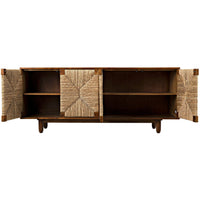 Brook 4-door teak sideboard with open doors revealing mahogany interior and woven sea grass panels.