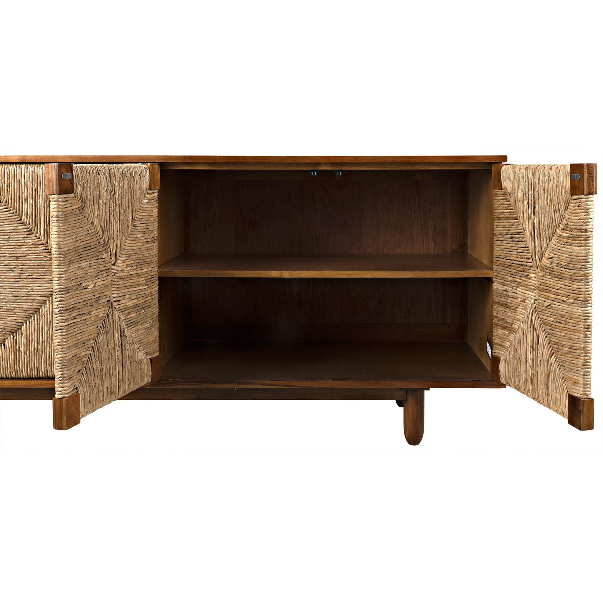 Brook 4-door teak sideboard with open doors revealing two fixed shelves and natural sea grass panels.