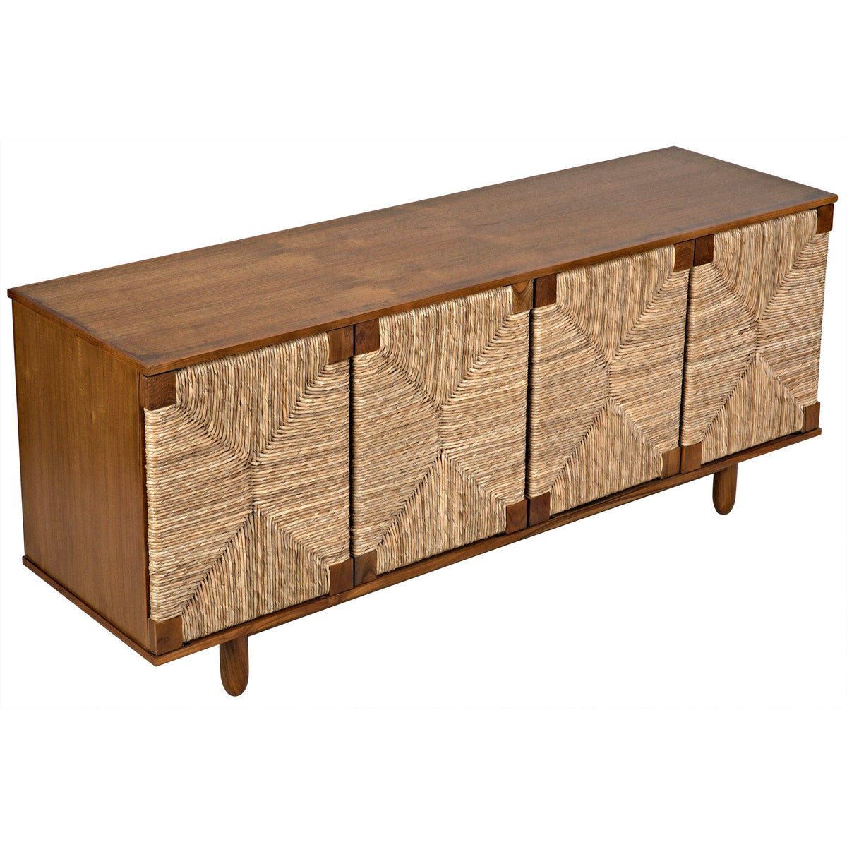 Brook 4-door teak sideboard with solid mahogany frame and natural seagrass woven doors.