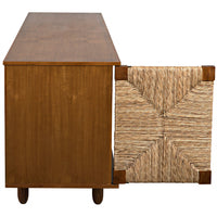Brook 4 Door Sideboard Teak: Solid mahogany and natural sea grass, classic style, ample display.