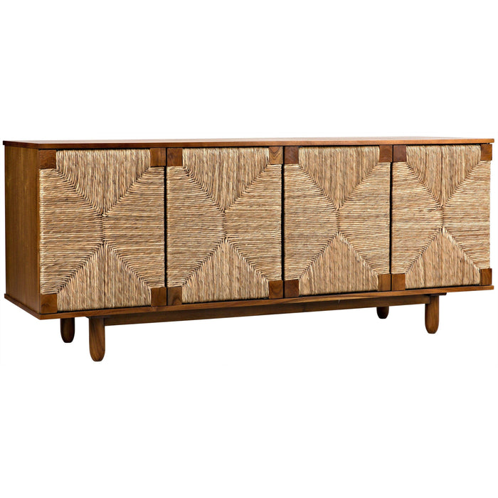 Brook 4-door teak sideboard with woven natural sea grass doors and solid mahogany frame.