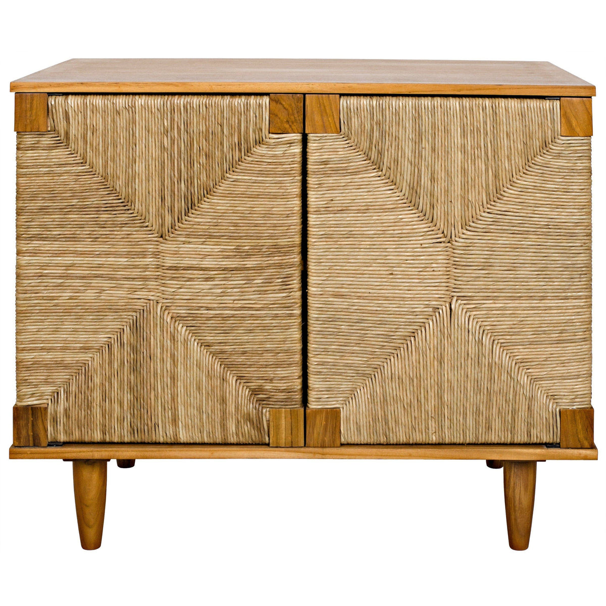 Brook Teak & Sea Grass 2 Door Sideboard with natural woven doors, mahogany top, and tapered legs.