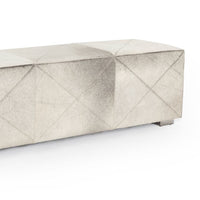 Luxe Brooks Hair On Hide Bench, 58" wide, with light gray geometric patterned hide and metal feet.