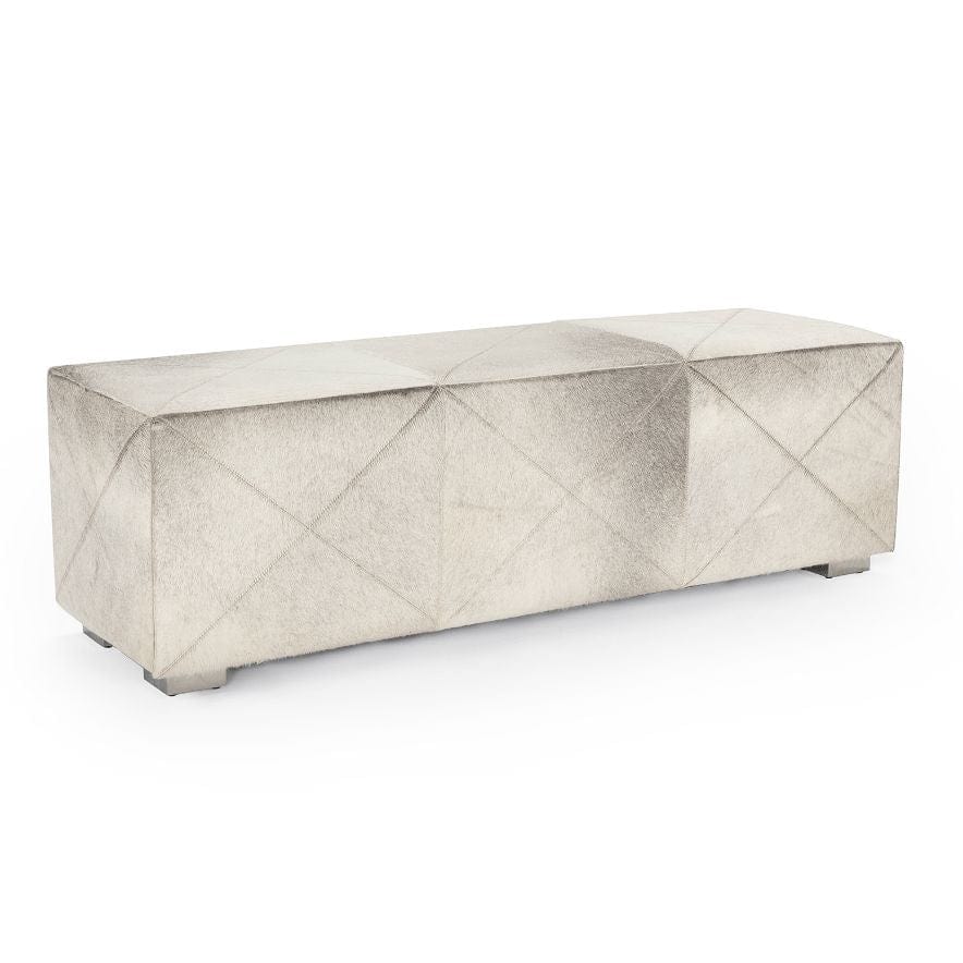 Luxe Brooks Hair On Hide Bench, 58" wide, with a light gray, textured, diamond-stitched design.