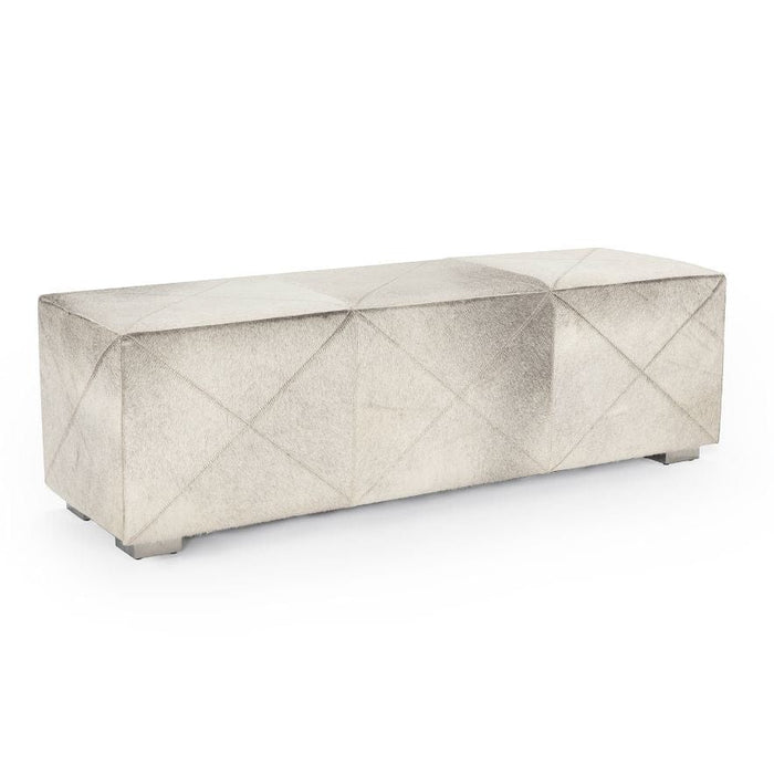 Luxe Brooks Hair On Hide Bench, 58" wide, with a light gray, textured, diamond-stitched design.