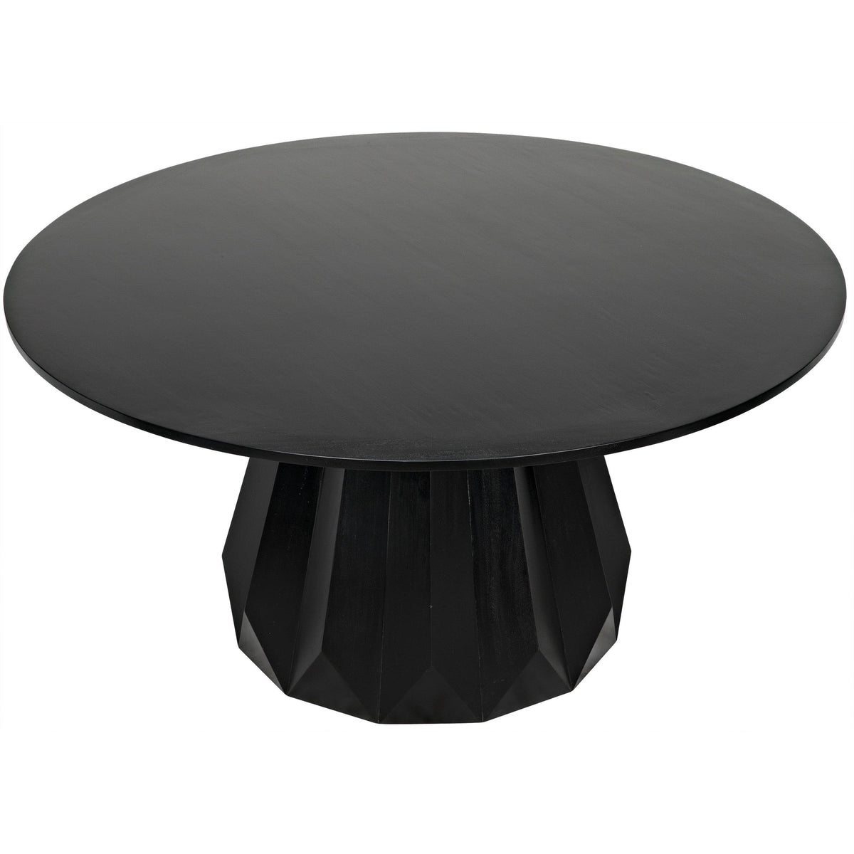 Brosche 60" round mahogany dining table in hand-rubbed black with a flared, scalloped pedestal base.