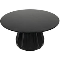 Brosche 60" round mahogany dining table in hand-rubbed black with a flared, scalloped pedestal base.