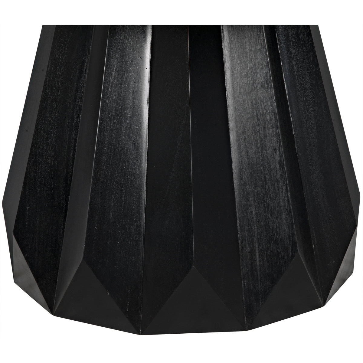 Brosche Round Dining Table's flared pedestal base in hand-rubbed black mahogany with scalloped detailing.
