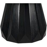 Brosche Round Dining Table's flared pedestal base in hand-rubbed black mahogany with scalloped detailing.