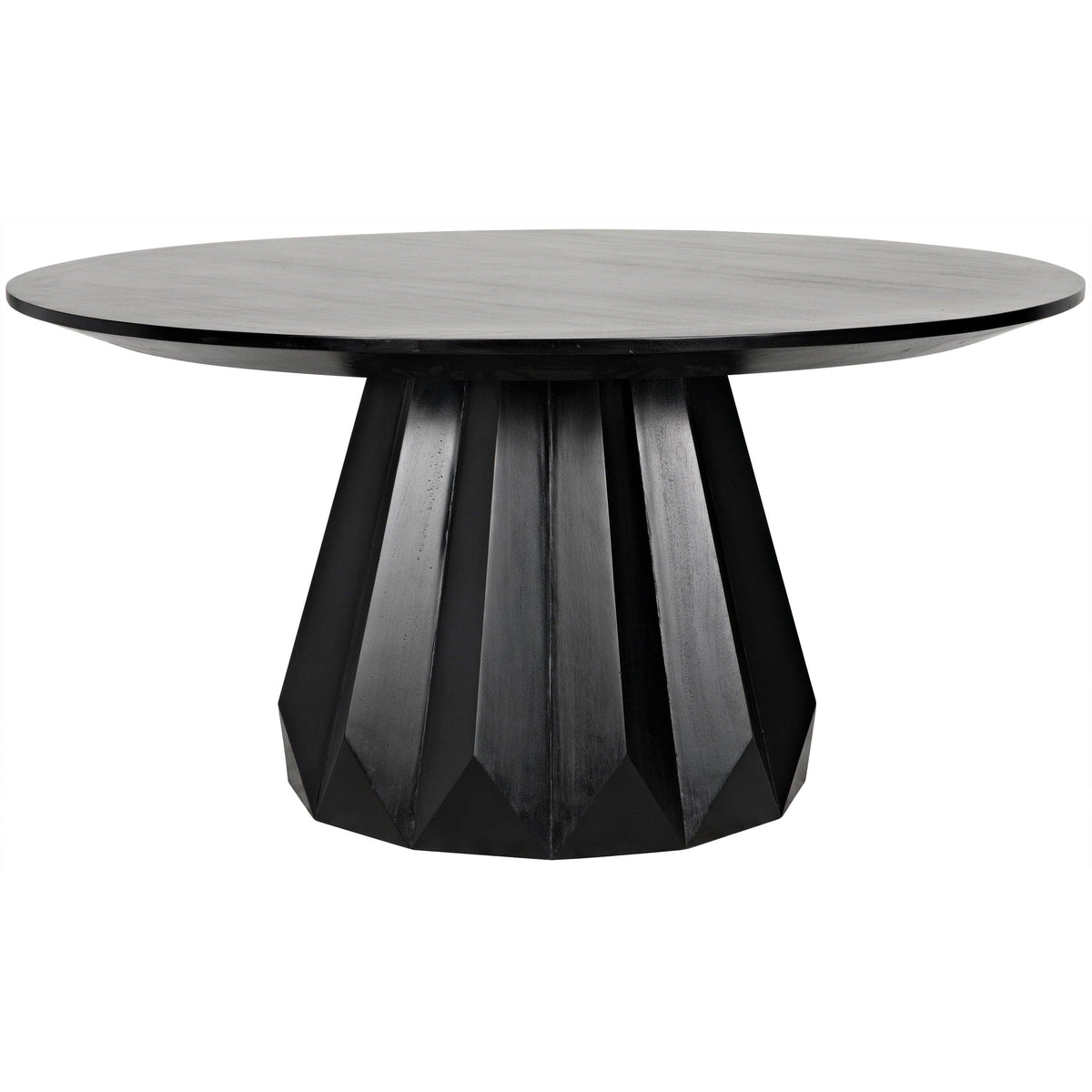 Brosche Round Dining Table in Hand-Rubbed Black mahogany with a flared, scalloped pedestal base.