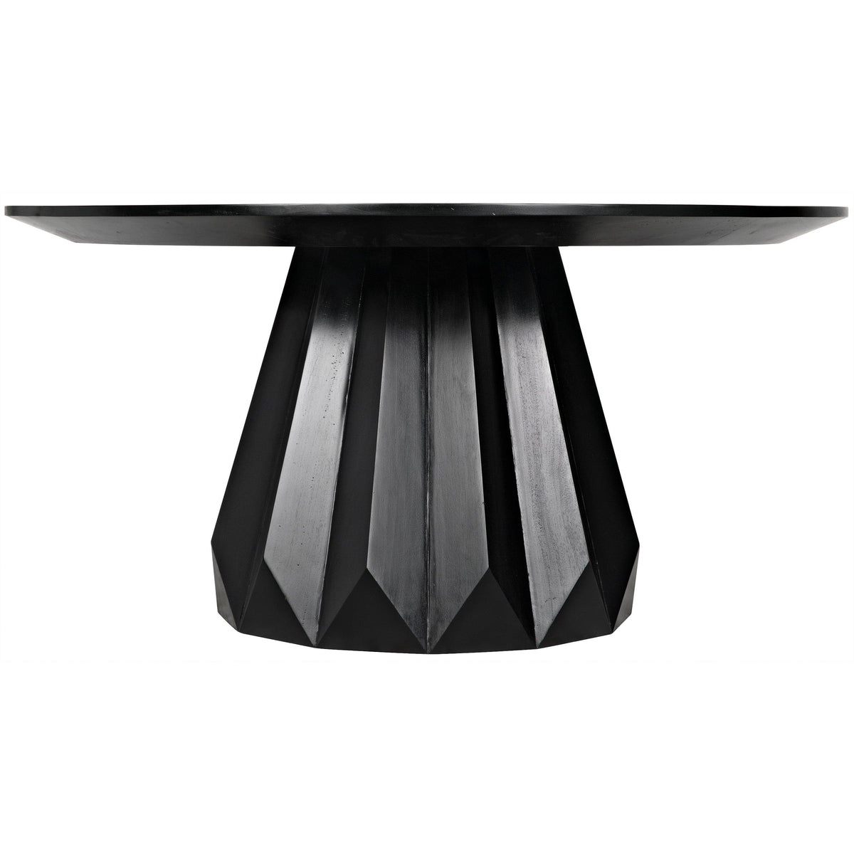 Brosche 60" round dining table in hand-rubbed black mahogany with a flared, scalloped pedestal base.