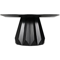 Brosche 60" round dining table in hand-rubbed black mahogany with a flared, scalloped pedestal base.