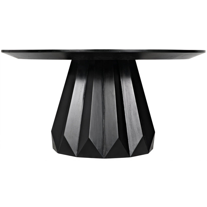 Brosche 60" round dining table in hand-rubbed black mahogany with a flared, scalloped pedestal base.