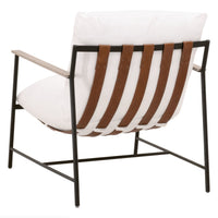 Buckley sling chair with white cushions, chestnut leather straps, natural gray oak arms, and black iron frame.