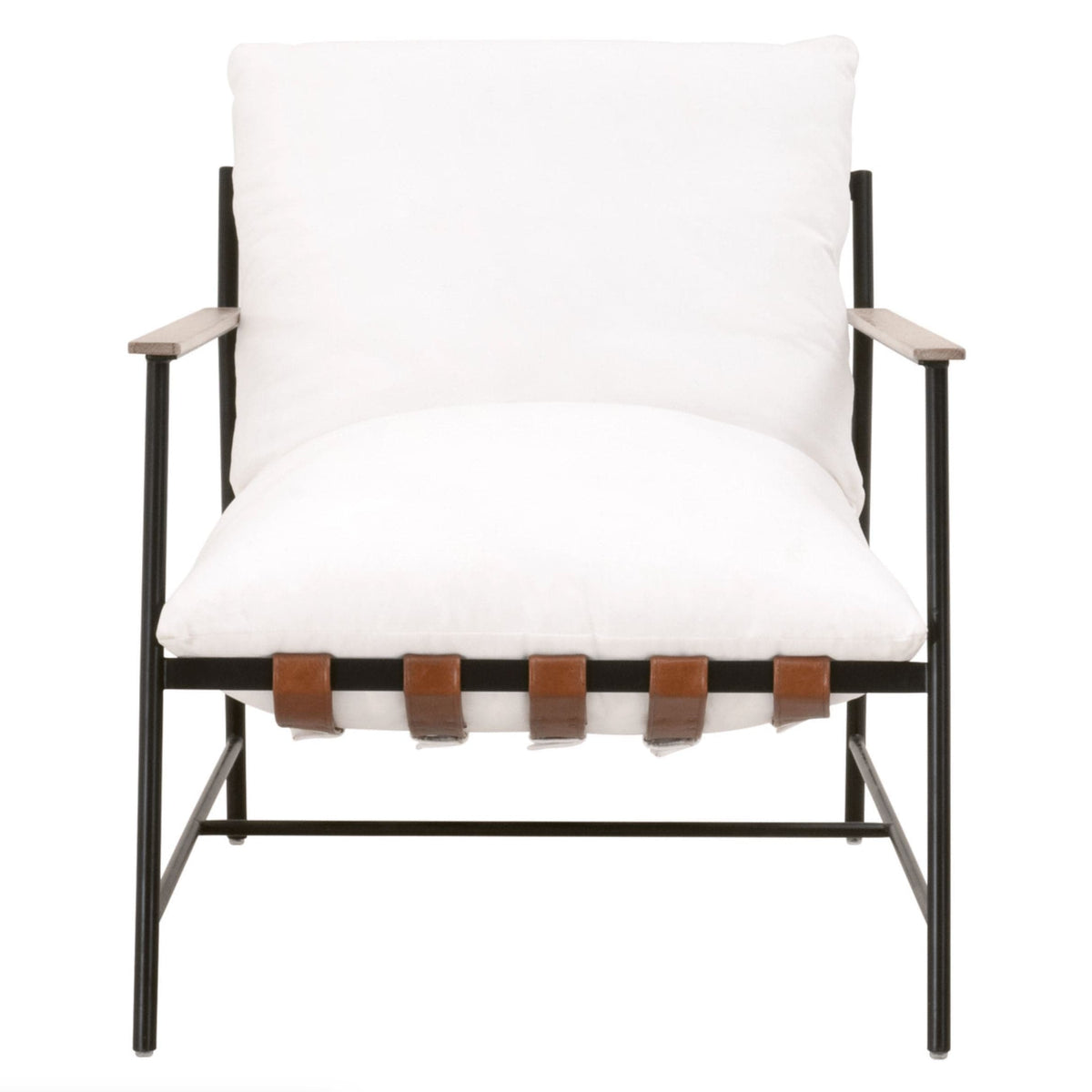 Buckley sling chair with white cushions, chestnut leather straps, natural gray oak arms, and black iron base.