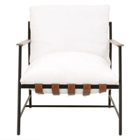 Buckley sling chair with white cushions, chestnut leather straps, natural gray oak arms, and black iron base.