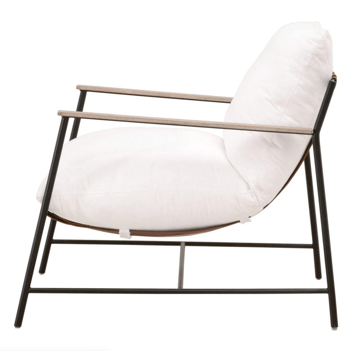 Buckley sling chair with white cushions, Chestnut leather straps, Natural Gray Oak arms, and a Black Iron base.