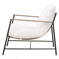 Buckley sling chair with white cushions, Chestnut leather straps, Natural Gray Oak arms, and a Black Iron base.
