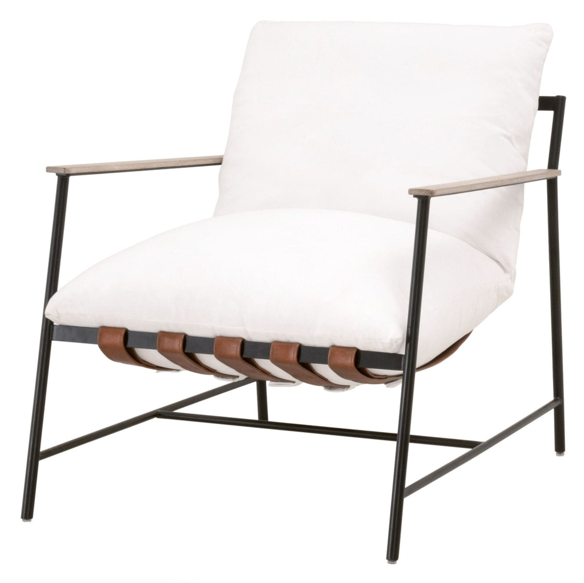 Buckley sling chair with white cushions, chestnut leather straps, natural gray oak arms, and a black iron frame.