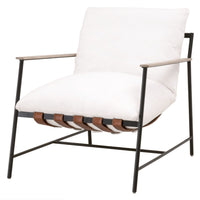 Buckley sling chair with white cushions, chestnut leather straps, natural gray oak arms, and a black iron frame.