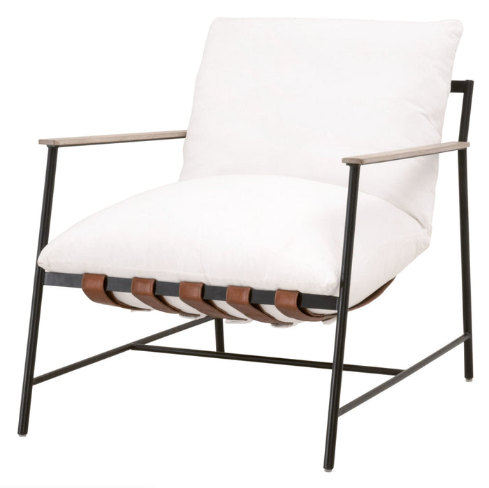 Buckley sling chair with white cushions, chestnut leather straps, natural gray oak arms, and a black iron frame.