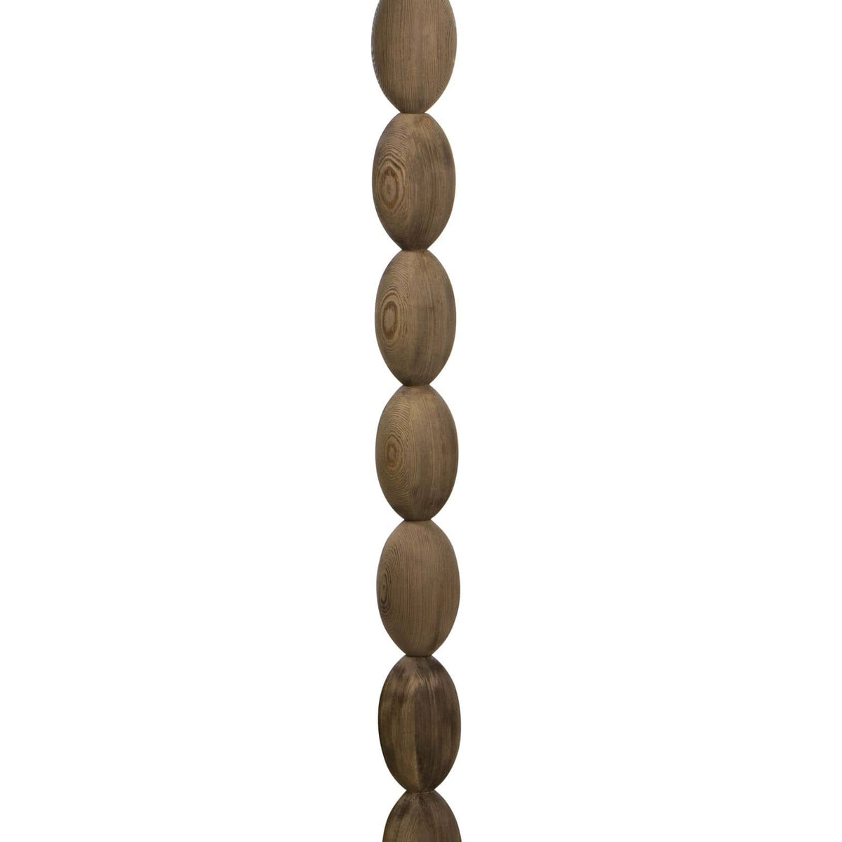 Buoy floor lamp with stacked birch wood spheres and a natural linen drum shade.