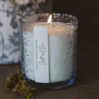 Salt Sea Soy Candle - Blue Tinted Glass Jar - 12 oz - Candle Detail | Bone & Brass