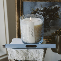 Salt Sea Soy Candle - Blue Tinted Glass Jar - 12 oz - Candle Label Detail | Bone & Brass
