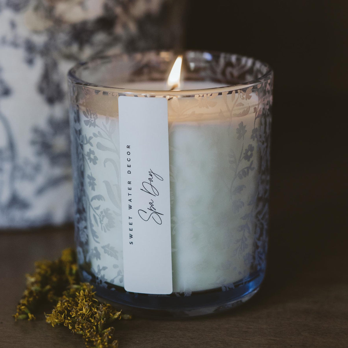 Spa Day Soy Candle - Blue Tinted Glass Jar - 12 oz - Candle Label Detail | Bone & Brass