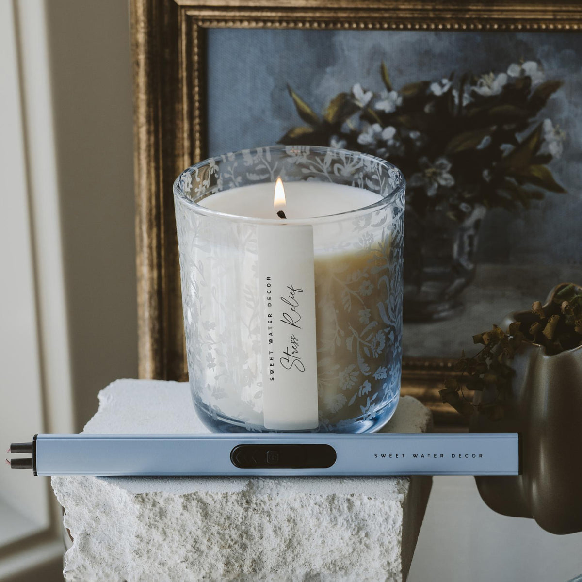 Stress Relief Soy Candle - Blue Tinted Glass Jar - 12 oz - Candle Label Detail | Bone & Brass