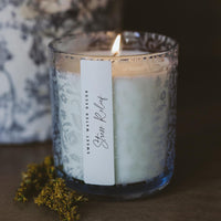 Stress Relief Soy Candle - Blue Tinted Glass Jar - 12 oz - Candle Detail | Bone & Brass