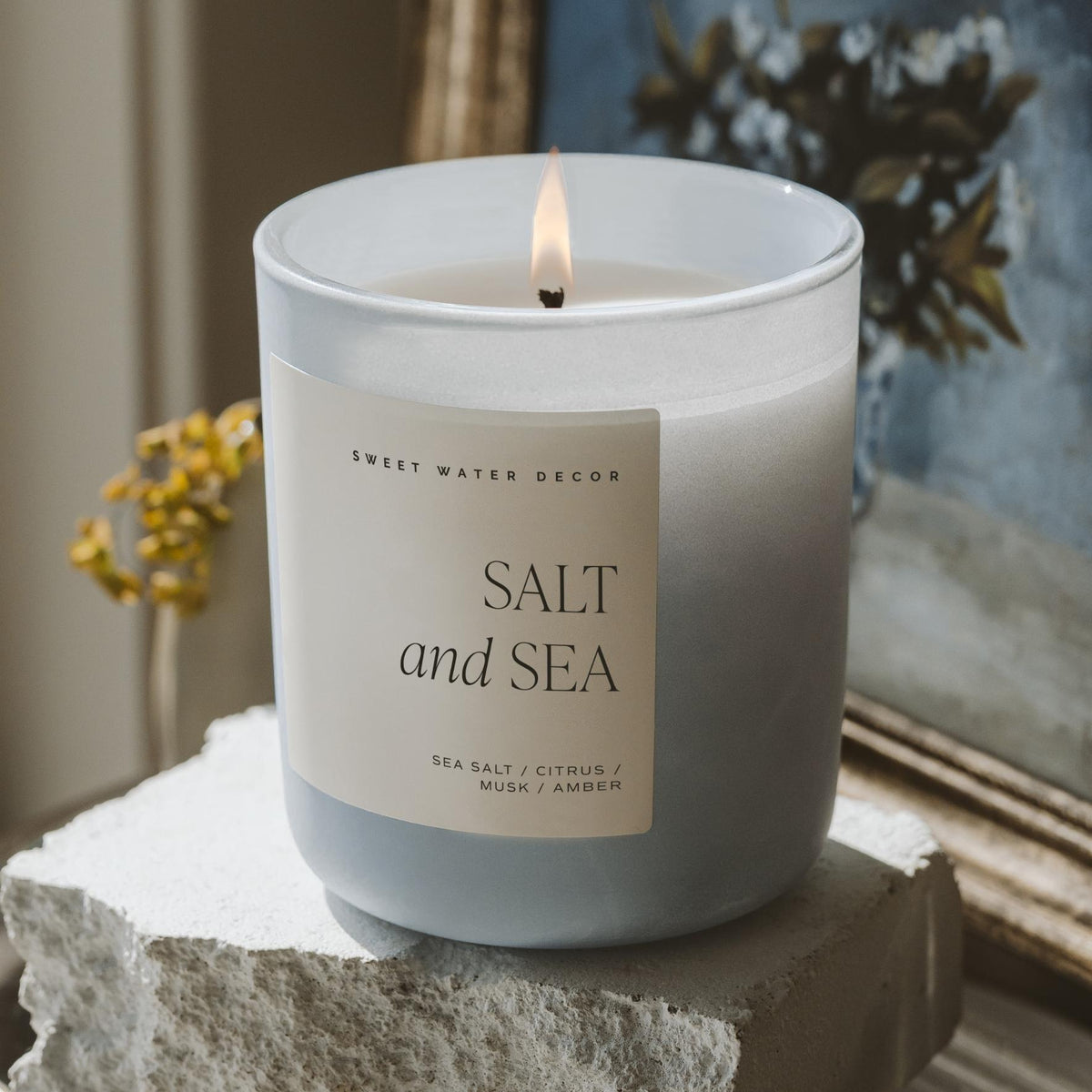 Salt Sea Soy Candle - Blue Matte Jar - 15 oz - Candle Detail | Bone & Brass