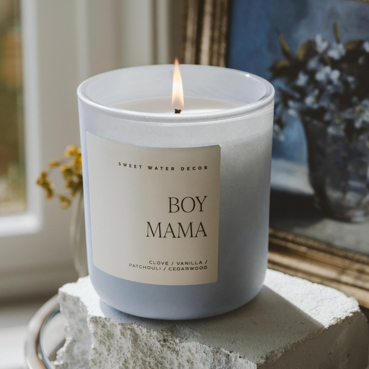Boy Mama Soy Candle - Blue Matte Jar - 15 oz (Palo Santo Patchouli) - Candle Detail | Bone & Brass