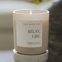 Relax Girl Soy Candle - Tan Matte Jar - 15 oz (Relaxation) - Candle Detail | Bone & Brass