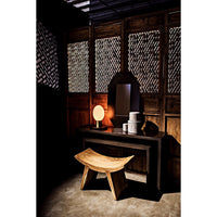 Caine Pale Black Mahogany Console: handcrafted, contemporary dark wood console with a pale finish, featuring a mirror and lamp.
