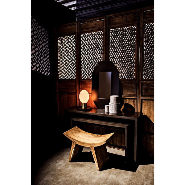 Caine Pale Black Mahogany Console: handcrafted, contemporary dark wood console with a pale finish, featuring a mirror and lamp.