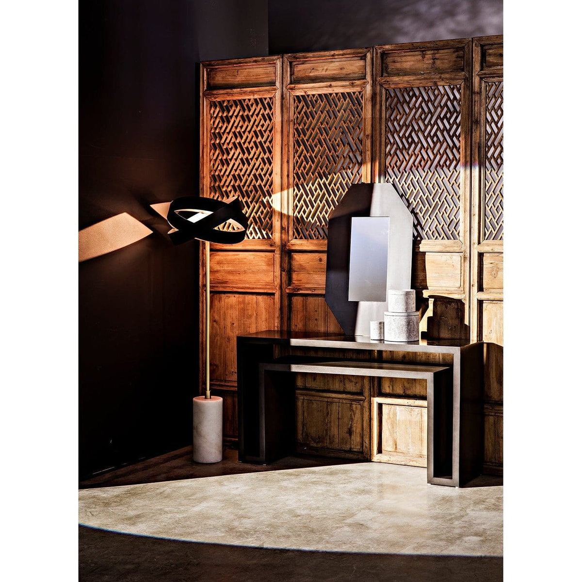 Caine Pale Black Mahogany Console, a contemporary handcrafted console table with a pale finish.