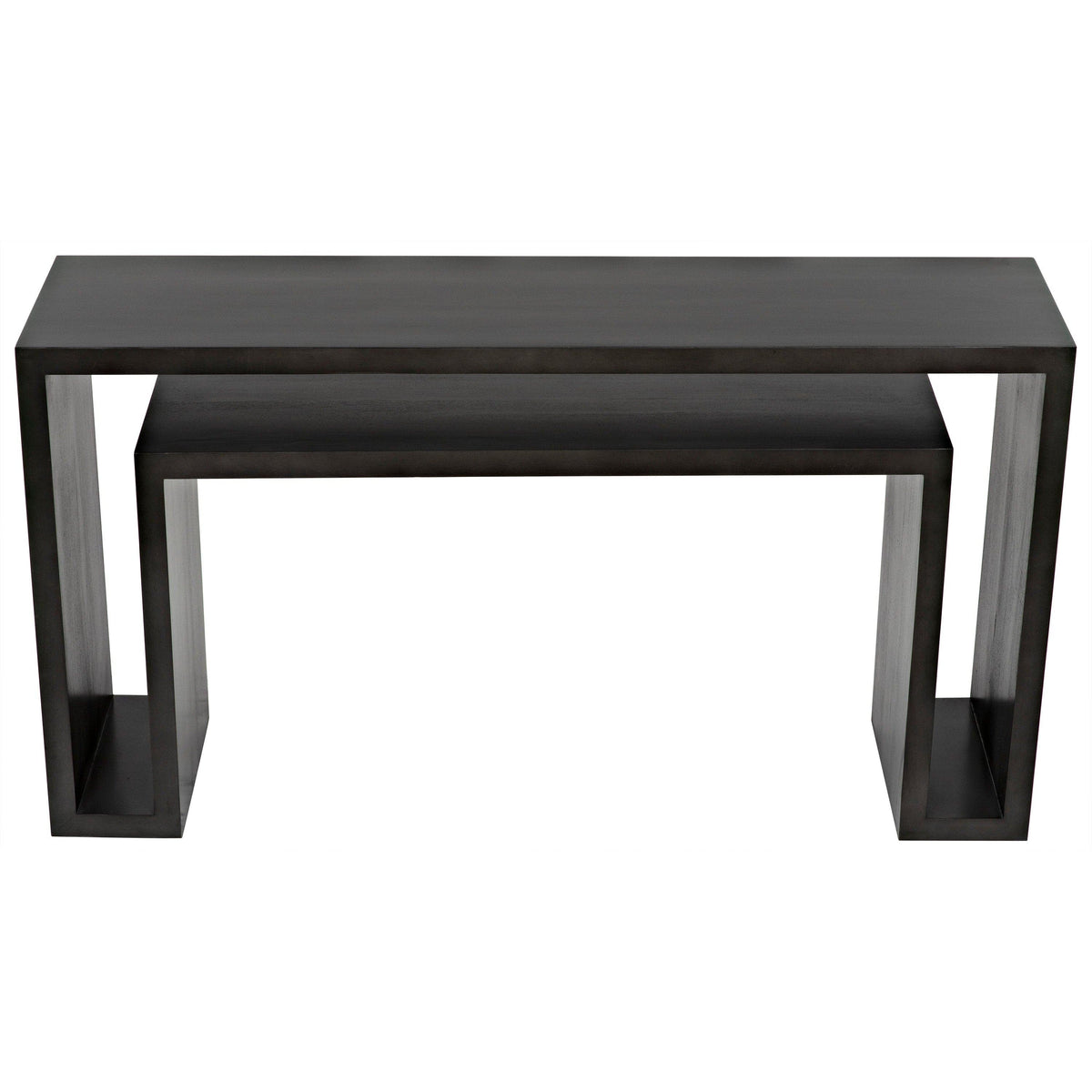 Caine Pale Black Mahogany Console: contemporary dark wood console table with a pale finish and lower shelf.