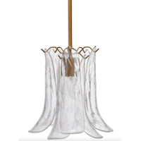 Clear blown glass pendant light with calla lily-inspired shades and antique brass hardware.
