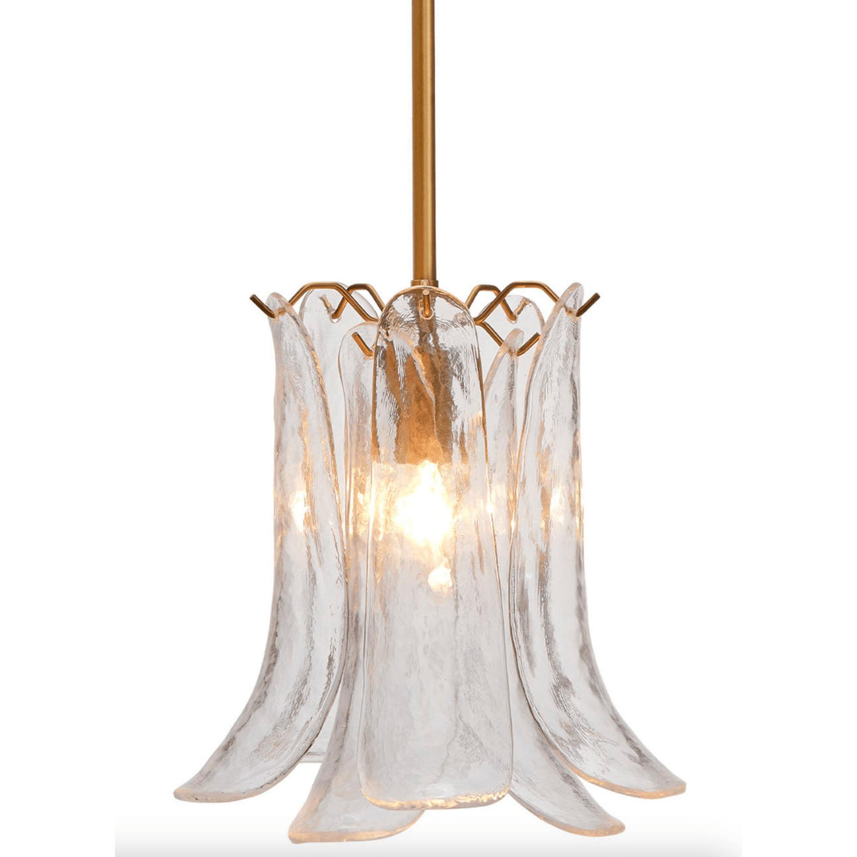 Clear hand-blown glass pendant light with calla lily-inspired shade and antique brass hardware.