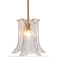 Clear hand-blown glass pendant light with calla lily-inspired shade and antique brass hardware.