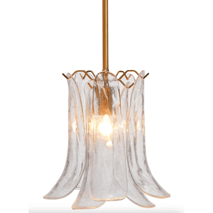 Clear hand-blown glass pendant light with calla lily-inspired shade and antique brass hardware.