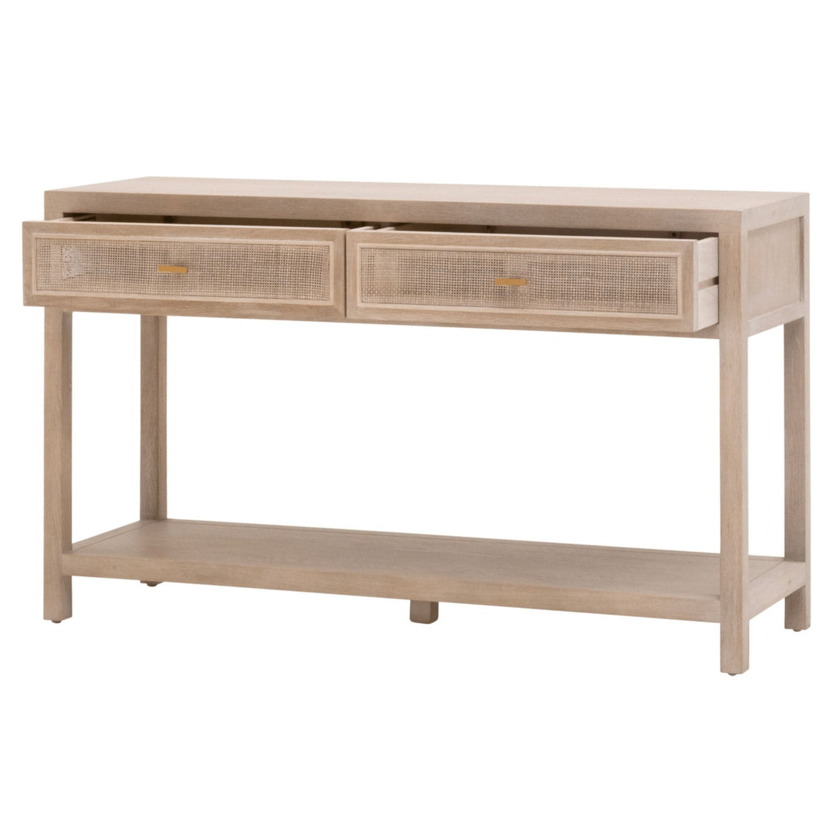 Bohemian smoke gray oak console table with two open cane drawers and a bottom shelf.