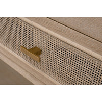 Bohemian smoke gray oak console table drawer with natural cane inlay and a gold pull.