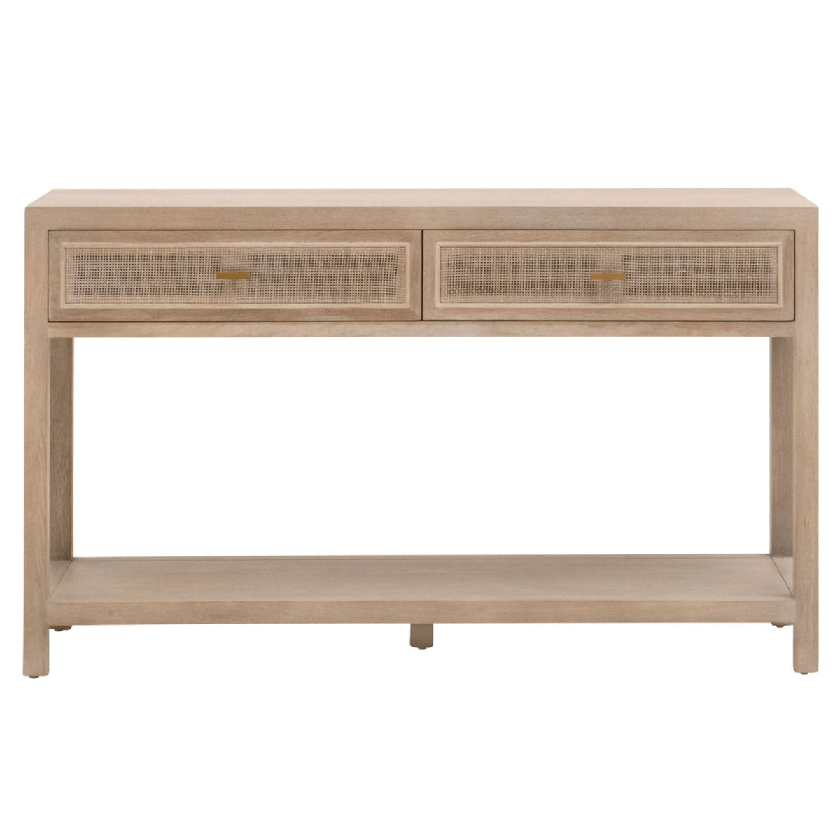 Callie Gray Cane 2-Drawer Console Table: bohemian smoke gray oak wood with cane inlay and open shelf.